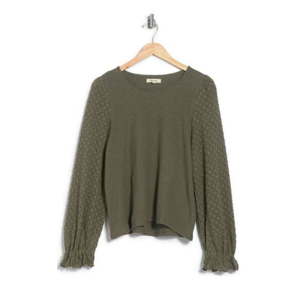 New Madewell Texture & Thread Eyelet Mix Ruffle- Sleeve Top in Green Size M